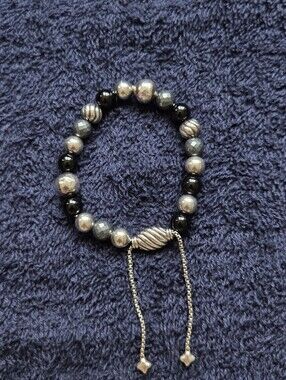 David Yurman 925 Sterling Silver Elements Black Onyx & Hematite Bead Bracelet